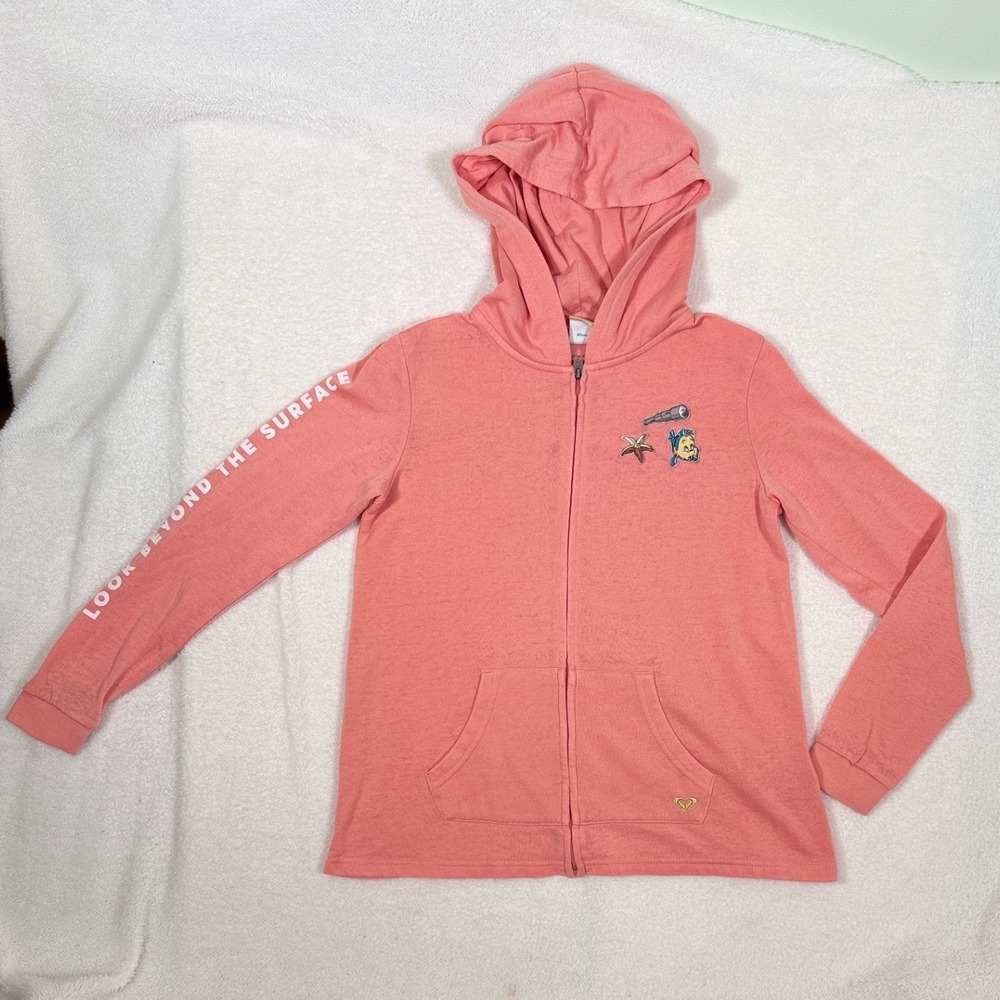 Disney Roxy Girls Hoodie Size 14 XL Pink Little Mermaid Flounder Zip Sweatshirt